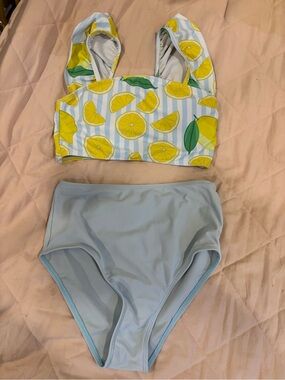 Old Navy Yellow Lemon Print Bikini Set with Light Blue Stripes